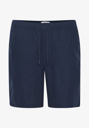Bermudas de lino azul marino con cintura elástica, detalle de cordón y corte recto. Textura suave sin patrones ni acentos visibles.