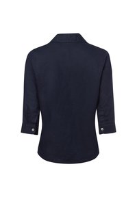 Navy blue, lightweight linen shirt with a collar, three-quarter sleeves, and buttoned cuffs; smooth texture, minimalistic design.