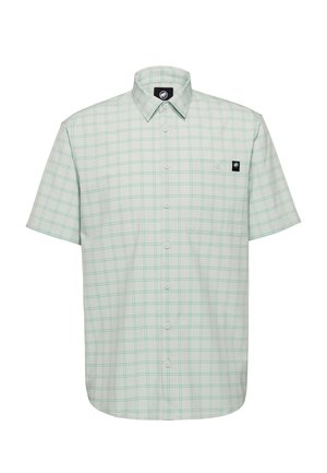 Chemise blanche à manches courtes avec motif à carreaux vert clair, boutonnée sur le devant avec col, et poche poitrine avec petite étiquette logo noire.