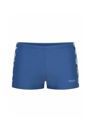 Blaue Badeshorts aus glattem Material, mit einem weißen Akzentmuster und Logo auf der unteren rechten Seite. Kurze Länge und schlankes Design.