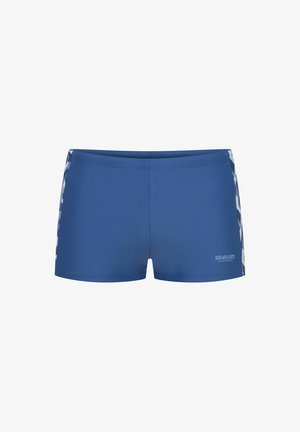 Blaue Badeshorts aus glattem Material, mit einem weißen Akzentmuster und Logo auf der unteren rechten Seite. Kurze Länge und schlankes Design.