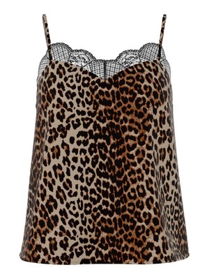 Camisole à imprimé léopard avec bretelles spaghetti réglables, bordure en dentelle au niveau du décolleté et coupe décontractée dans des tons beige clair et marron.