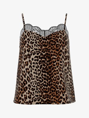 Camisole à imprimé léopard avec bretelles spaghetti réglables, bordure en dentelle au niveau du décolleté et coupe décontractée dans des tons beige clair et marron.