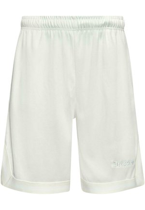 Weiße Sportshorts aus atmungsaktivem Stoff, mit elastischem Bund, seitlichen Schlitzen und eingeprägtem "Dropsize"-Logo auf der Vorderseite.