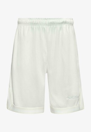 Białe spodenki sportowe, wykonane z oddychającego materiału, z elastycznym pasem, bocznymi rozcięciami i wytłoczonym logo "Dropsize" z przodu.