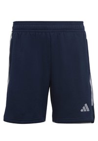 Marineblauwe sportshorts gemaakt van zachte stof, met een rekbare tailleband, witte zijstrepen en een klein zilverkleurig logo op het onderbeen.