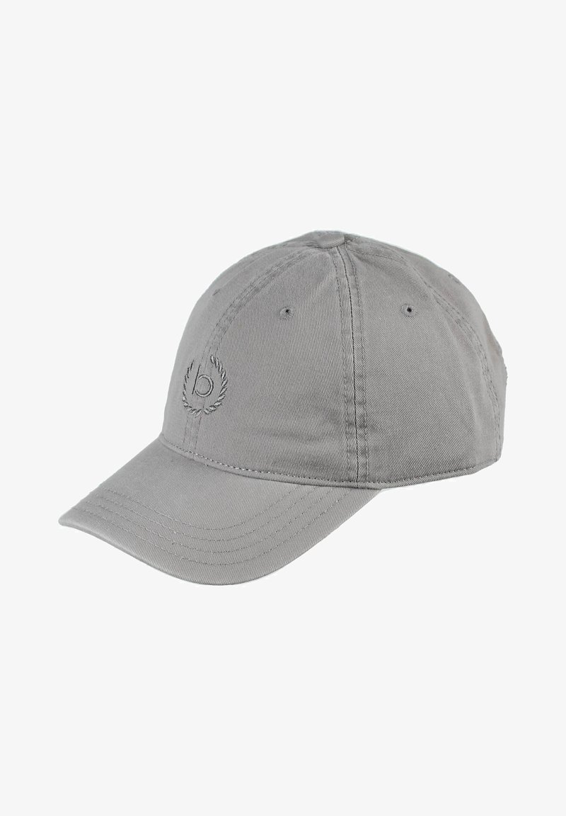 Grau Baumwoll-Baseballcap mit gebogenem Schirm, versehen mit gesticktem Logo auf der Vorderseite und sechs Belüftungsöffnungen.