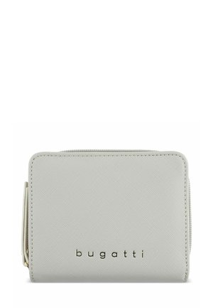 Light gray wallet with a textured surface, rectangular shape, and a zipper closure. Features the brand name "bugatti" in gold lettering.