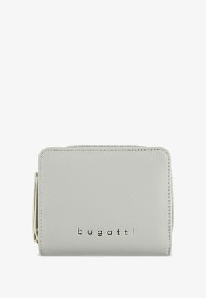 Light gray wallet with a textured surface, rectangular shape, and a zipper closure. Features the brand name "bugatti" in gold lettering.