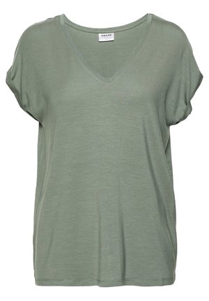 T-shirt olive à col en V en tissu doux et léger. Manches courtes avec une coupe décontractée. Texture lisse, sans motifs ni embellissements.