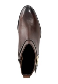 Brown leather ankle boot with a smooth finish, rounded toe, side zipper closure, and a textured rubber sole.