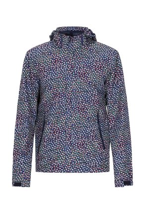 Marineblauwe waterdichte jas met een geometrisch meerkleurig patroon, verstelbare capuchon en twee zijzakken met zwarte ritssluitingen.