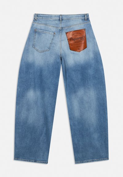 Light blue denim jeans with wide legs, two back pockets, and a brown leather patch with brand text on the right pocket area.