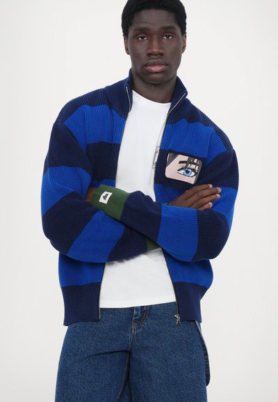 Striped knit cardigan in blue, navy, and green with a zip front, high collar, and an eye print detail on the chest pocket.