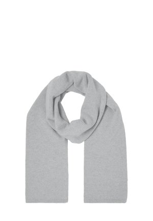 Light gray scarf, made from soft fabric, featuring a smooth texture and a rectangular shape, draped in a loop configuration.