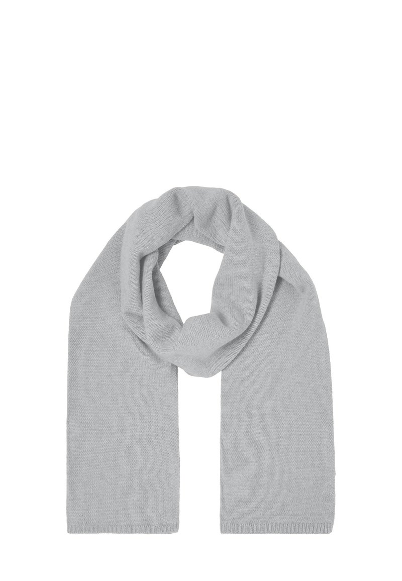 Lichtgrijze sjaal, gemaakt van zacht materiaal, met een gladde textuur en een rechthoekige vorm, gedrapeerd in een lussenconfiguratie.