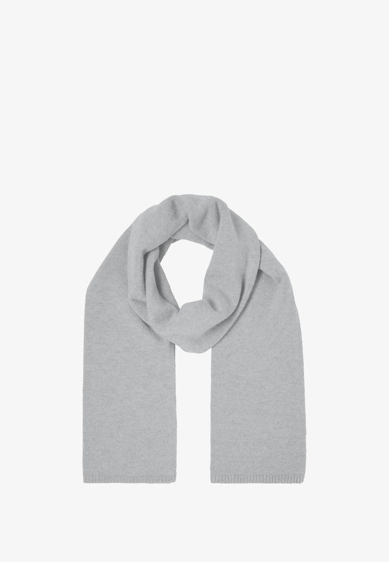 Lichtgrijze sjaal, gemaakt van zacht materiaal, met een gladde textuur en een rechthoekige vorm, gedrapeerd in een lussenconfiguratie.