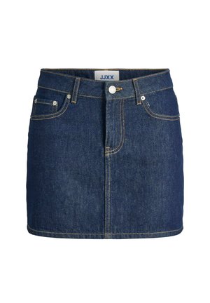 Donkerblauwe denim rok met vijf zakken, gele stiksels langs de naden, sluiting met een knoop aan de voorkant en een rechte snit.