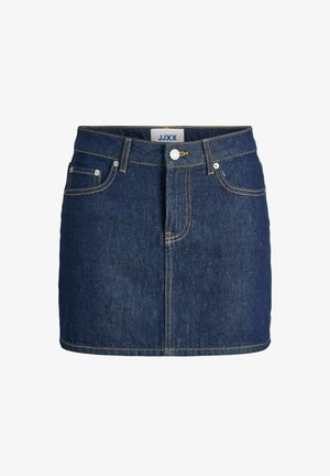 Donkerblauwe denim rok met vijf zakken, gele stiksels langs de naden, sluiting met een knoop aan de voorkant en een rechte snit.