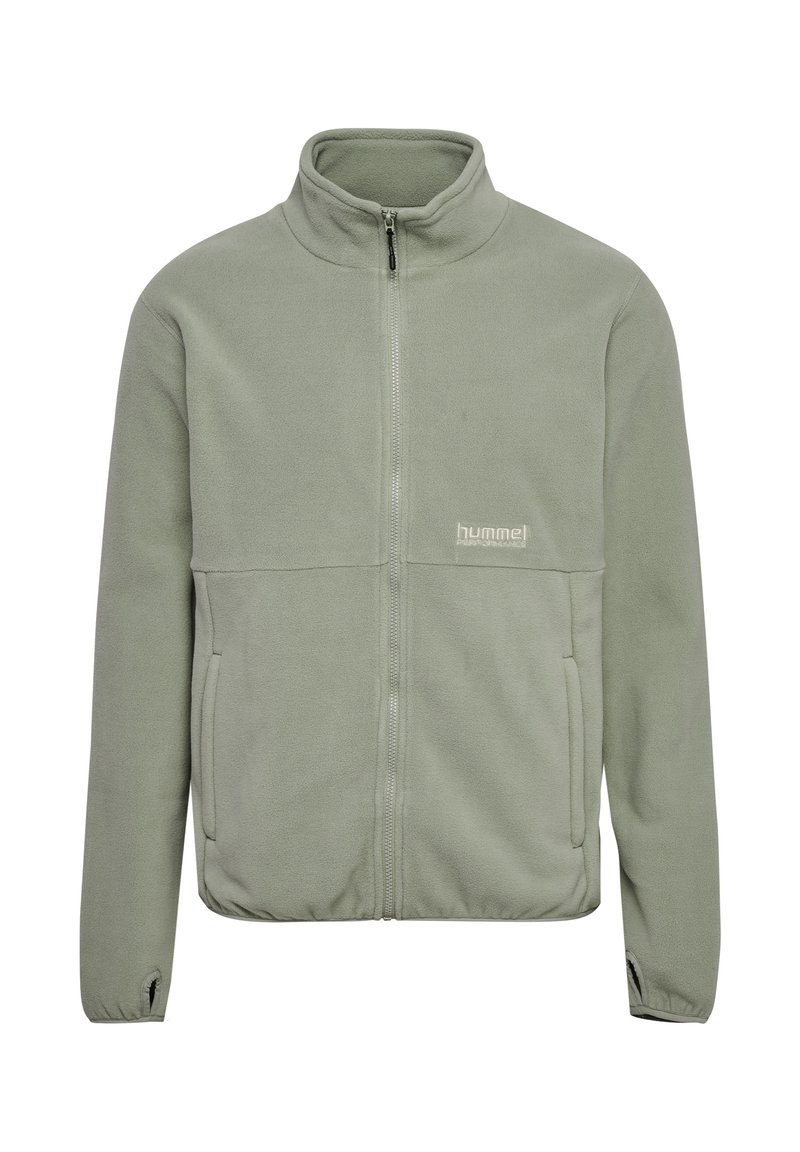 Fleecejacka i ljusgrön, hel dragkedja, ställbar krage, sidfickor, elastiska mudd, med en liten logotyp på vänster bröst.