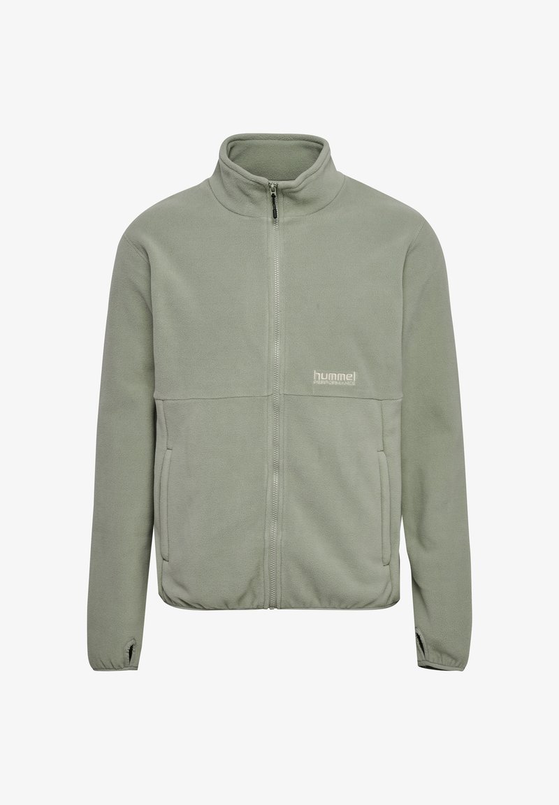 Fleecejacka i ljusgrön, hel dragkedja, ställbar krage, sidfickor, elastiska mudd, med en liten logotyp på vänster bröst.