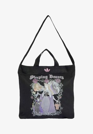 Czarna torba typu tote z długim paskiem, na której znajduje się ilustracja Śpiącej Królewny oraz tekst "Sleeping Beauty" i "A forest of thorns shall be no longer."