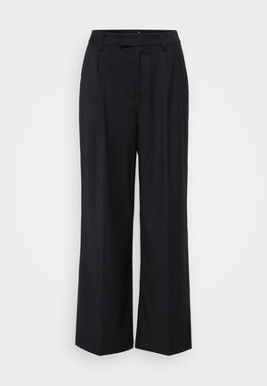 Black high-waist wide-leg trousers with belt loops and front pleats, displayed on a plain white background.