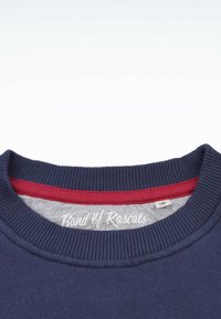Marinblå tröja med ribbad krage, med grå och röd accentlager. Etiketten säger "Band of Rascals." Mjuk, texturerad tyg.
