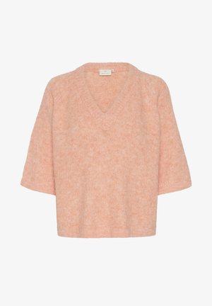 Vaaleanpunainen, lyhythihainen V-pääntiellä varustettu neulepaita, joka on valmistettu pörröisestä materiaalista ja jossa on rento istuvuus. Pintarakenteessa on hienovaraista tekstuuria, mikä antaa pehmeän ilmeen.