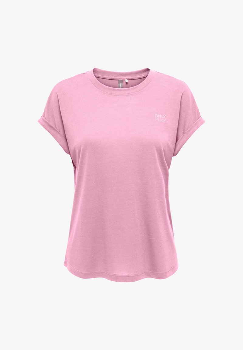 Camiseta rosa de manga corta para mujer con puños enrollados y un pequeño logo blanco "ONLY PLAY" en el lado izquierdo superior del pecho.