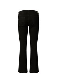 Jeans neri a gamba larga con una finitura liscia e strutturata. Presentano due tasche posteriori e una vita tradizionale con passanti per la cintura.