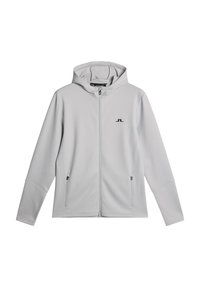 Hellgraue Zip-Hoodie mit Kapuze, hergestellt aus glattem Stoff. Verfügt über zwei Seitentaschen, schwarzes Logo auf der Brust und gerippte Bündchen.