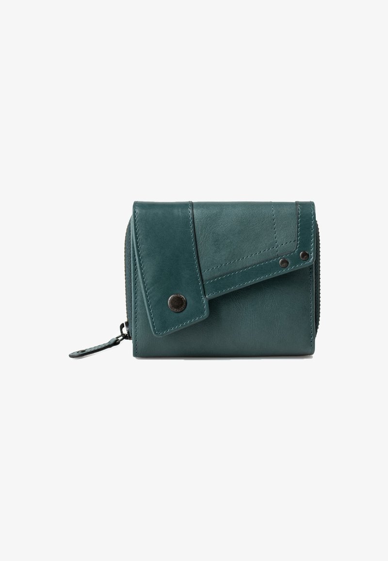Teal leather wallet with a flap closure, secure zipper, and decorative stitching. Features rounded corners, smooth texture, and metal accents.