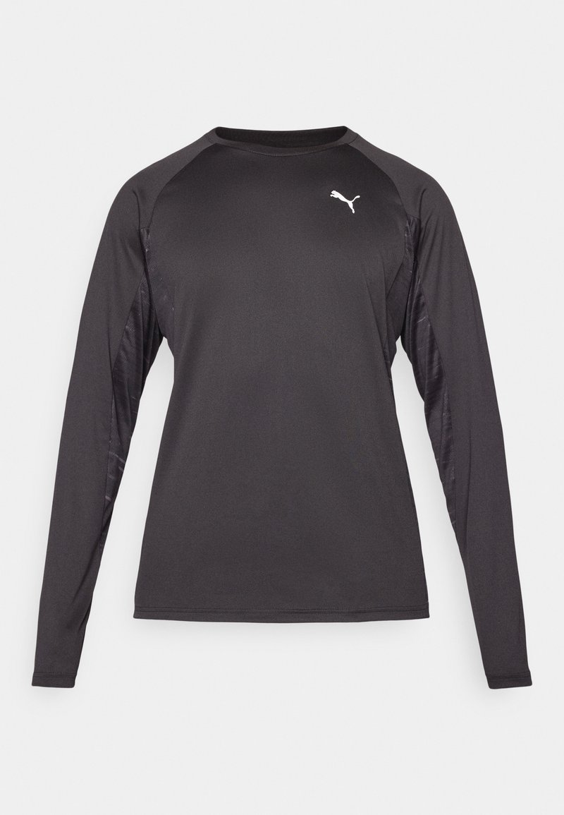 Czarna koszulka sportowa z długim rękawem, z gładkiego materiału, z kontrastującymi wzorzystymi bocznymi panelami i małym białym logo na klatce piersiowej.