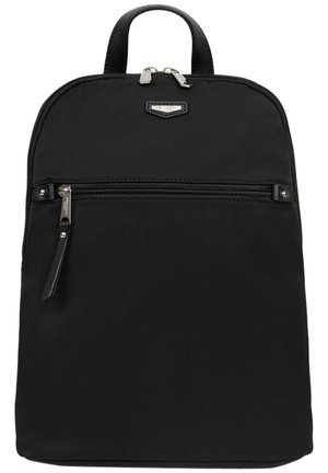 Zaino in nylon nero con texture liscia, manico superiore e tasca frontale con zip, caratterizzato da hardware argentato e dettaglio del logo.