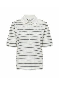 Polo a maniche corte in tessuto bianco con righe orizzontali navy, dotato di colletto e chiusura a cinque bottoni.