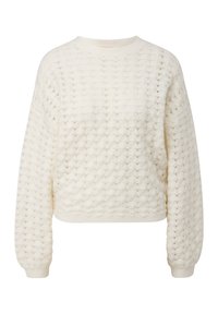 Weißer gestrickter Pullover mit einem strukturierten Blasenmuster, rundem Ausschnitt und gerippten Bündchen. Der cropped Schnitt verleiht moderne Funktionalität.