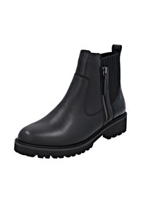 Bottines en cuir noir avec une surface lisse, des côtés élastiques à côtes et un motif décoratif en crocodile sur le talon. Semelle en caoutchouc avec adhérence.