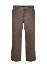 Pantalons en denim marron à jambes larges avec une taille à passants de ceinture, poches avant et fermeture à bouton ; tissu texturé avec un léger brillant.