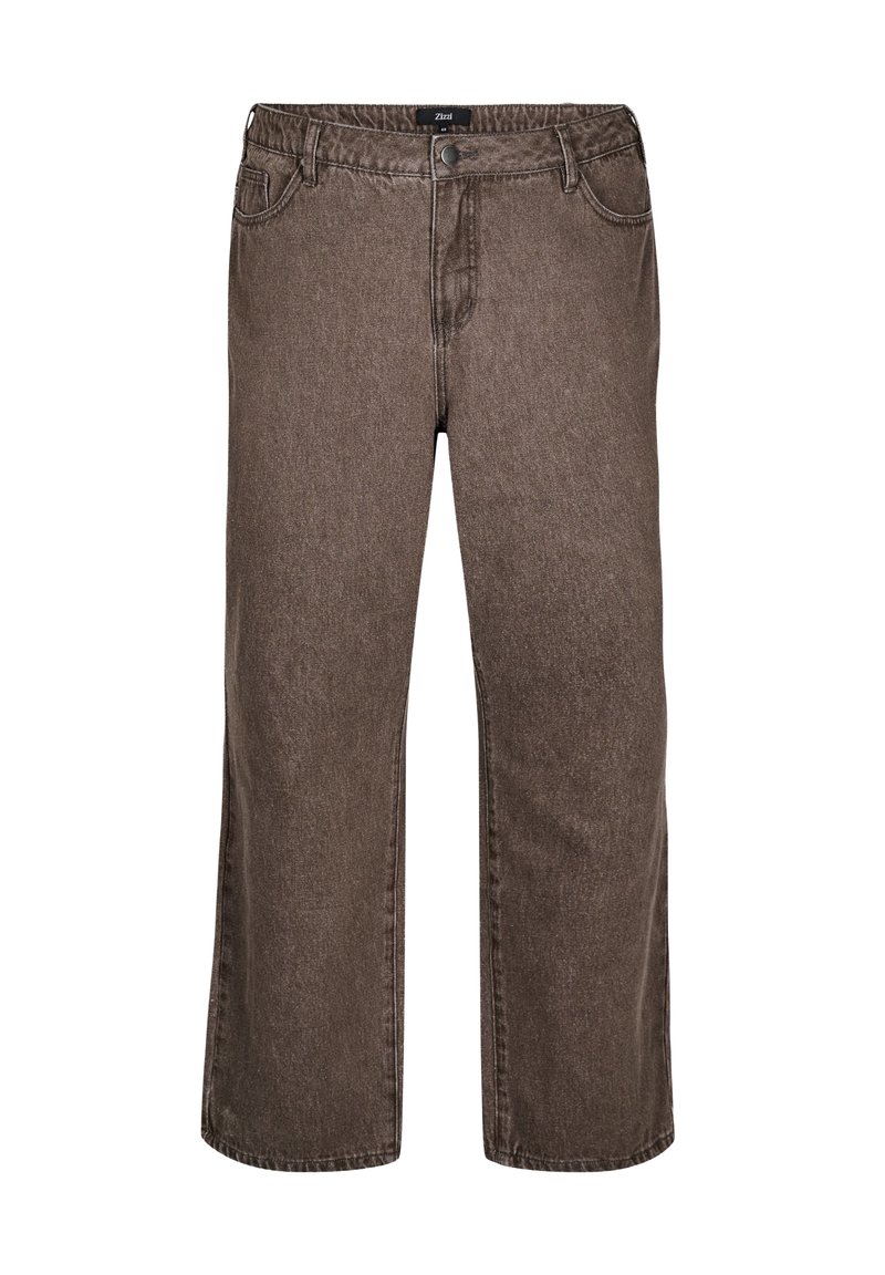 Pantalons en denim marron à jambes larges avec une taille à passants de ceinture, poches avant et fermeture à bouton ; tissu texturé avec un léger brillant.