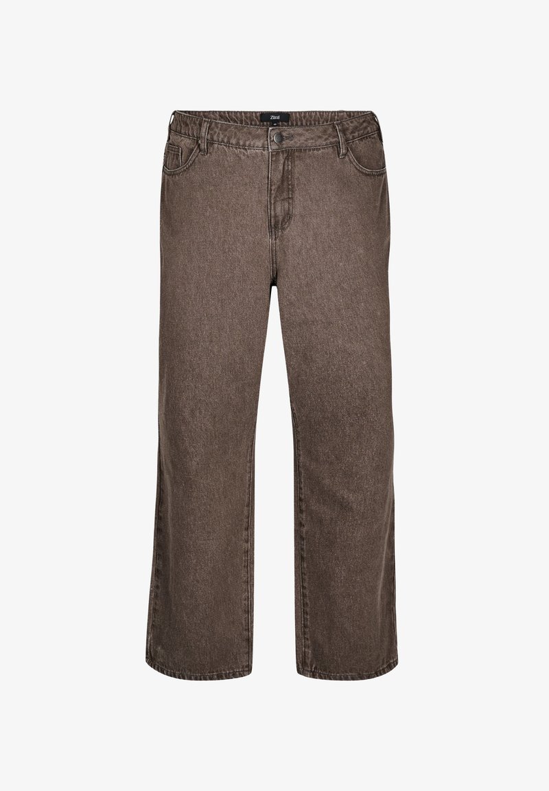 Pantalones de denim anchos en color marrón con una cinturilla que tiene pasadores para cinturón, bolsillos frontales y un cierre de botón; tejido texturizado con un ligero brillo.