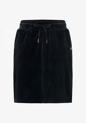 Fekete kord szoknya húzózsinórral ellátott derékrésszel, függőleges bordás textúrával és egy kis logós részlettel az oldalán.