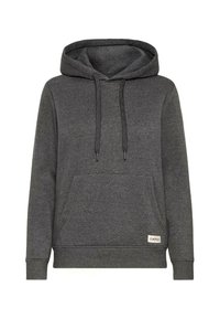 Sweat à capuche gris foncé avec poche kangourou à l'avant, cordons de serrage à la capuche, poignets et ourlet côtelés, et petite étiquette de marque blanche en bas à droite.