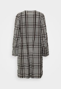 Vestido longo em padrão xadrez castanho e branco com um corte relaxado, apresentando mangas franzidas e um decote redondo, feito de um tecido texturizado.