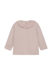 Langärmliges rosa Baumwolloberteil mit einem Rüschenausschnitt. Sanfte Textur mit einem schlichten Design und ohne zusätzliche Muster oder Akzente.