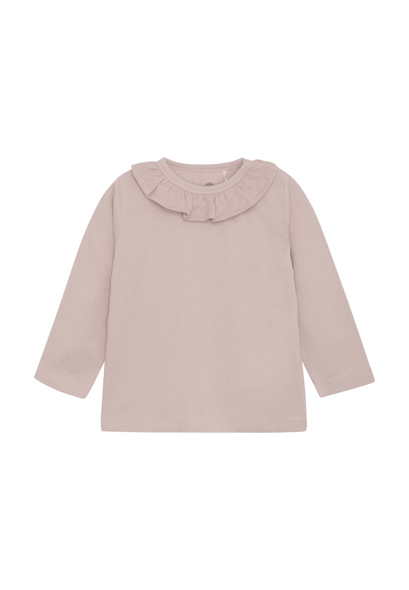 Langärmliges rosa Baumwolloberteil mit einem Rüschenausschnitt. Sanfte Textur mit einem schlichten Design und ohne zusätzliche Muster oder Akzente.