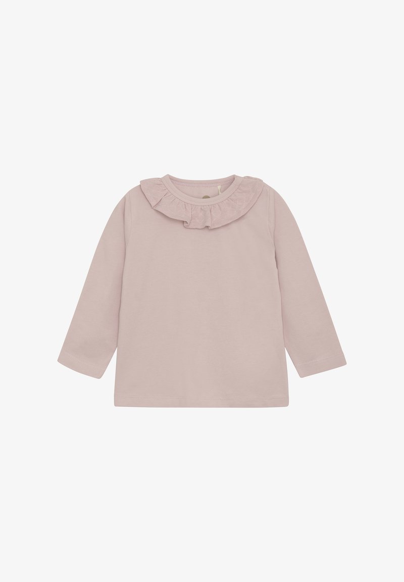 Langärmliges rosa Baumwolloberteil mit einem Rüschenausschnitt. Sanfte Textur mit einem schlichten Design und ohne zusätzliche Muster oder Akzente.