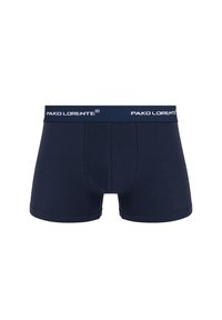 Granatowe bawełniane bokserki z elastycznym paskiem w talii, z białym logo "PAKO LORENTE". Gładka tekstura, dopasowany krój i brak wzorów.