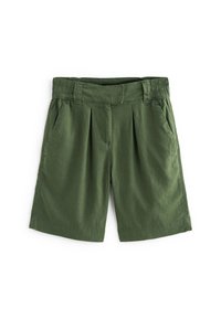 Grüne, gefaltete Shorts aus leichtem Stoff, mit elastischem Bund und Seitentaschen, einem glatten Textur und einem lässigen Design.