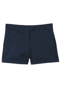 Námořnické modré šortky vyrobené z hladkého materiálu, s poutky na opasek, dvěma předními kapsami a ohrnutým lemem na koncích nohavic.